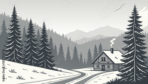 A winter landscape with a cabin nestled among snow covered trees and distant mountains in monochrome style