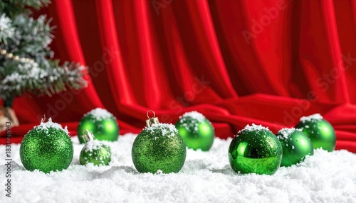 Festive green Christmas ornaments covered in snow against red velvet backdrop.