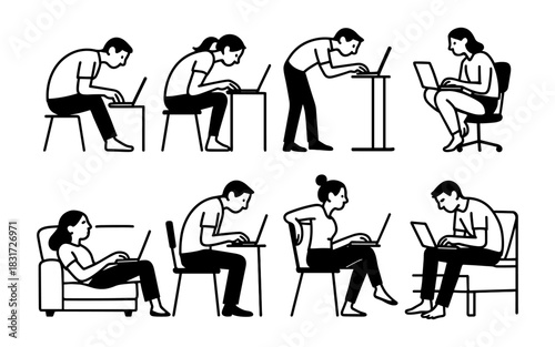 Silhouette collection of people in different seated and standing poses with laptops