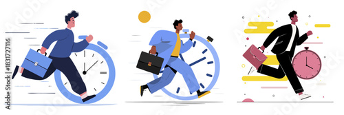 Set of Business Professionals Rushing Against Time Depicted Through Creative Illustrations