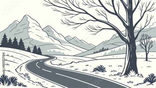 Curving road through a mountain landscape with bare trees and evergreen forests on the hillsides