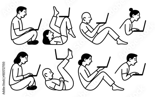 Diverse people working on laptops in various relaxed poses