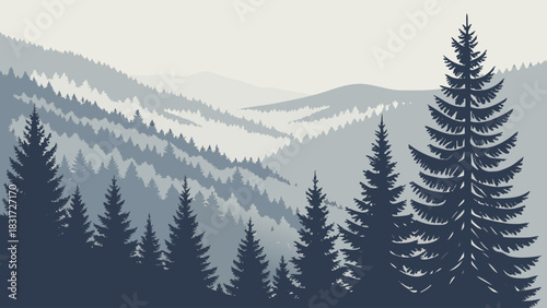 A serene landscape of layered mountains and evergreen trees in a tranquil misty atmosphere view scene
