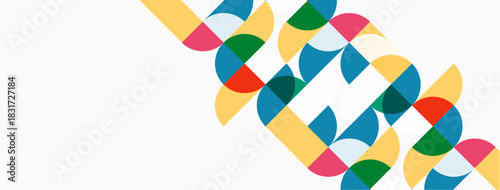 Colorful semicircles form abstract pattern. Bright hues contrast against white background. Modern design element, simple geometry.