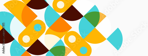 Abstract geometric shapes overlap, creating colorful pattern. Circles, semicircles, ovals dominate composition. Warm, cool tones present.