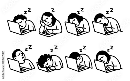 Tired office workers sleeping at desks while using laptops in comical outline style