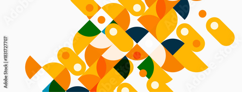 Abstract geometric shapes, circles, semicircles, vibrant colors. Modern design, clean lines, minimalist aesthetic, playful composition.