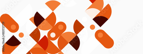 Abstract geometric shapes, orange hues dominate. Minimalist design, clean lines, modern aesthetic. Composition feels balanced, dynamic.