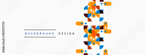 Abstract geometric shapes create vibrant background. Orange, blue, yellow elements form modern design. Minimalist style, clean aesthetic.