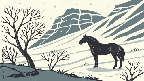 A solitary horse stands in a snowy landscape with bare trees and mountains in the background in winter