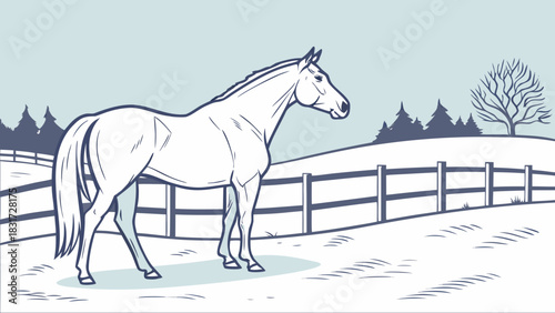 A horse stands in a snowy field near a fence and trees on a cold winter day in the countryside