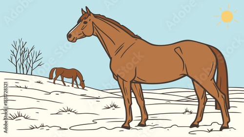 Illustration of two brown horses in a snow covered field with a bright sun in the sky above them all