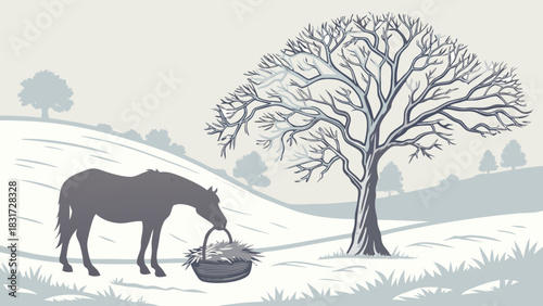 Silhouette of horse eating from basket under bare tree in a winter landscape illustration style image