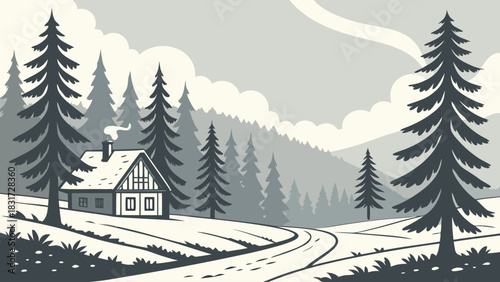 Cabin nestled in a forest landscape with a winding path and distant mountains in monochrome style