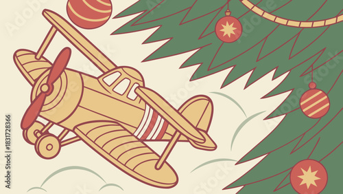 Illustration of a vintage toy airplane flying near a christmas tree with ornaments and garland