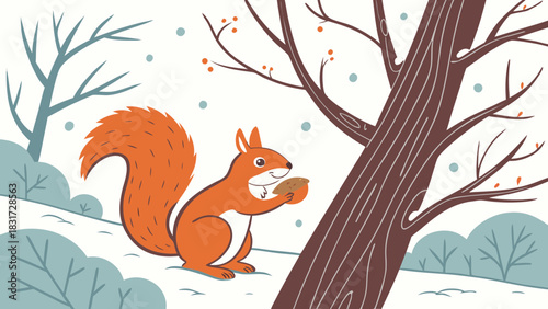 Illustration of a squirrel holding a nut in a snowy winter landscape with trees and falling snow