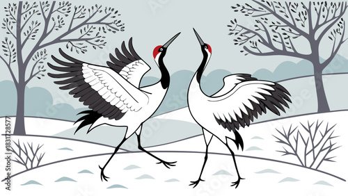 Two red crowned cranes standing in a snowy landscape with bare trees in the background illustration