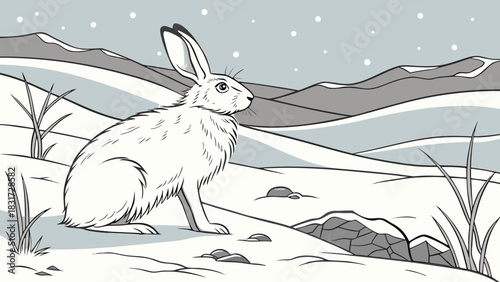 A white hare in a snowy landscape with mountains and sparse vegetation under a snowfall scene design