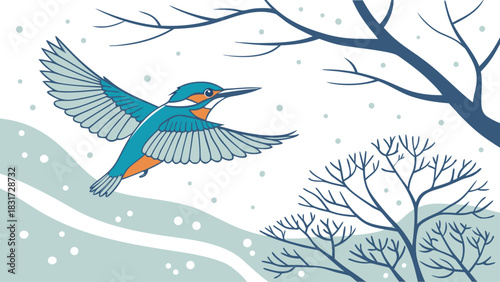 Illustration of a kingfisher bird in flight during a winter scene with bare trees and falling snow