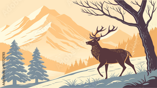 A majestic deer stands near a bare tree with mountains and pines in the background in winter landscape