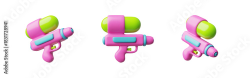 Water gun with refill water reservoir 3D cartoon plastic style vector set, kids game pink spray pump blaster weapon toy