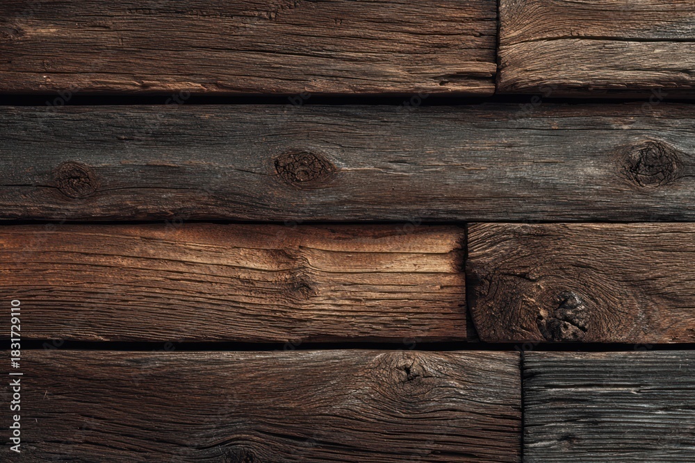 Fototapeta premium Weathered dark brown wooden planks stacked horizontally forming a textured background.