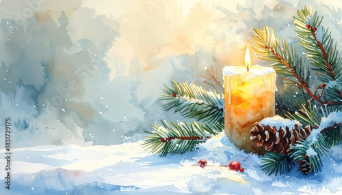 A lit candle on snow beside pine branches with pinecones and berries in watercolor illustration style