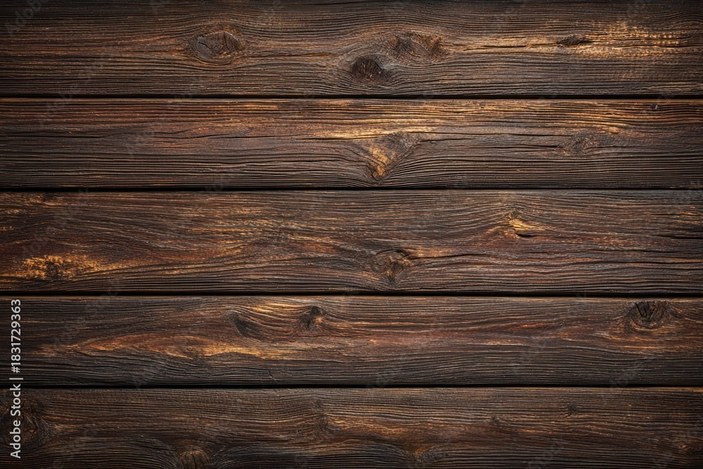 Naklejka premium Dark brown weathered wooden planks with visible grain and knots.
