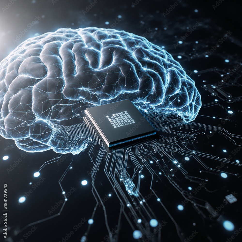 Obraz premium Futuristic digital landscape depicting brain-inspired AI microchip technology