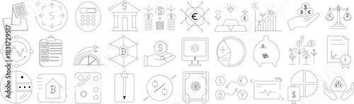 Finance and Cryptocurrency Line Icons Set for Banking and Investment