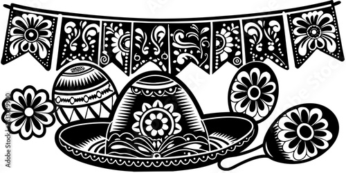 Colorful mexican theme set with iconic items and traditional patterns.