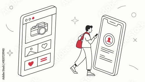 Isometric illustration of a person using a mobile phone next to a web application interface