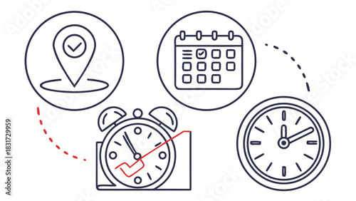 Illustration showing location pin, calendar, alarm clock and clock with dotted lines connecting them