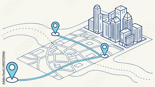 Isometric city map with location pins and route highlighted showing urban navigation and destination points