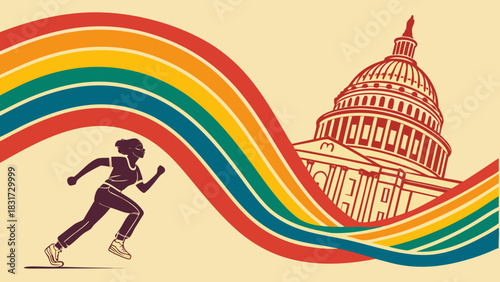 Woman running with rainbow and capitol building in background in a stylized illustration style image