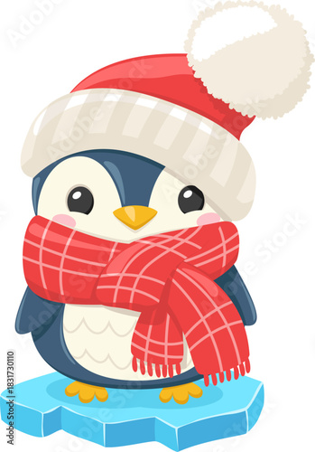 Penguin wearing a hat and scarf stands on an ice floe against a white background. Christmas character