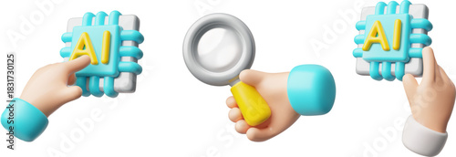 Set of 3D icons of hand holding and pointing at AI chip and magnifying glass.