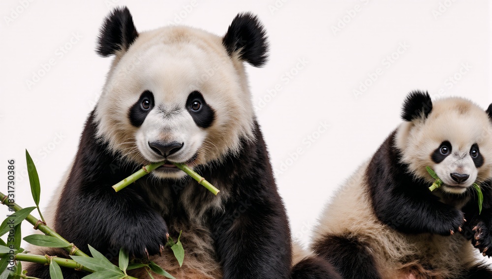 Fototapeta premium Set of pandas eating bamboo on a white background with a little newborn panda also present