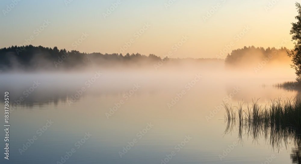 Fototapeta premium Serene body of water covered in low-lying mist during the soft light of sunrise over a distant treeline