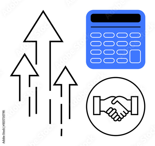 Business growth concept. Arrows success and progress, a financial calculator management, and a handshake partnership. Perfect for finance, teamwork, and corporate planning. Usage business strategy