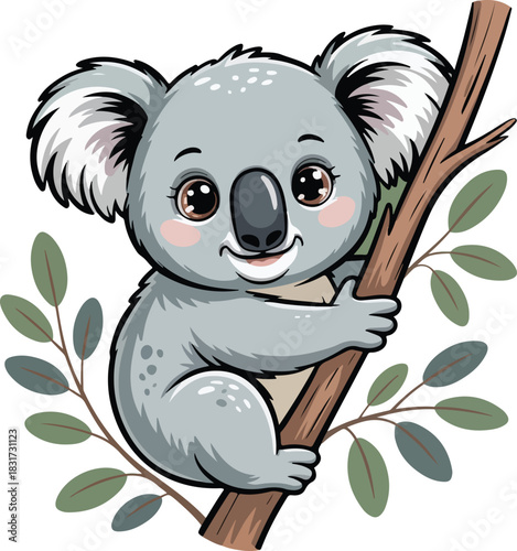 Cute cartoon koala bear vector illustration clinging to a tree branch with a friendly expression.