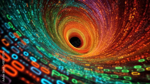 Vortex of luminous binary code spirals into black hole. Dazzling colors create dynamic motion and energy. Concept of technology, data analysis, digital art