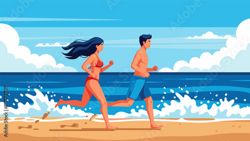 Couple jogging on a sandy beach with waves crashing on shore during a bright sunny day