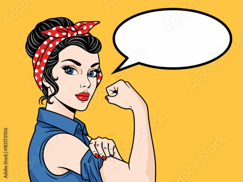 Empowered woman illustration in retro pop art style, flexing bicep with an empty speech bubble for your custom message, symbolizing strength and determination