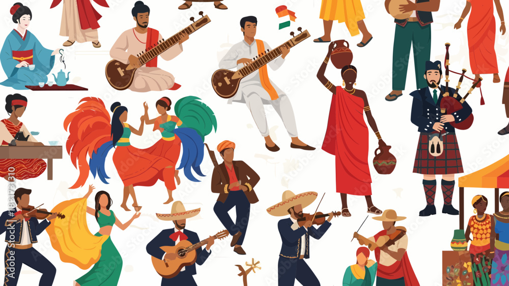 Fototapeta premium Diverse Cultural Representations In Vibrant Illustrations Of Global Traditions