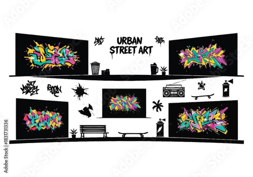 Vibrant Graffiti Art on Black Canvas Urban Style Display for Creative Design furniture icons interior design layout architecture