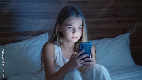 Girl on bed, absorbed in phone light, showing concern and focus, with soft bedding textures, emphasizing emotional connection, camera zooms in for detail