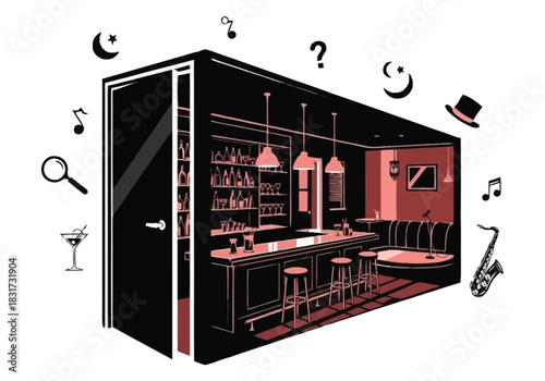 Cozy Speakeasy Bar Scene with Mystery and Music Elements furniture icons interior design layout architecture