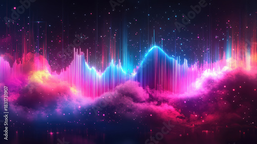 Abstract audio spectrum visualizing sound waves and music frequencies with colorful lines and equalizer bars, creating a dynamic digital background for modern technology concepts