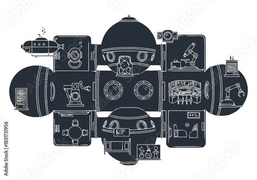 Futuristic Modular Habitat Design with Advanced Robotics and Exploration Technology furniture icons interior design layout architecture